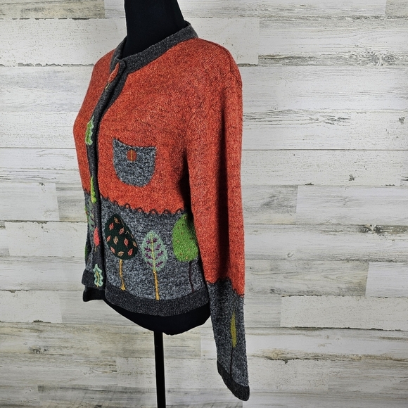 VTG In Stitches Wool Blend Cardigan Sweater Sz Medium Orange Embroidered Whimsy - Picture 8 of 15